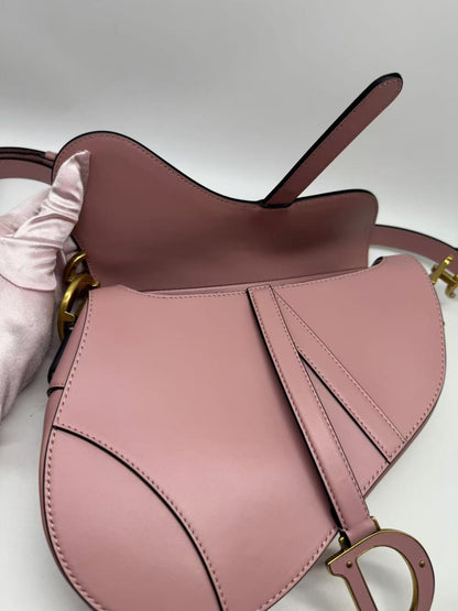 Pre-owned Certified Dior Saddle Bag Sakura Pink Smooth Calfskin with Leather CD logo and Golden Hardware, 2023 New Model, w/ strap, dust bag