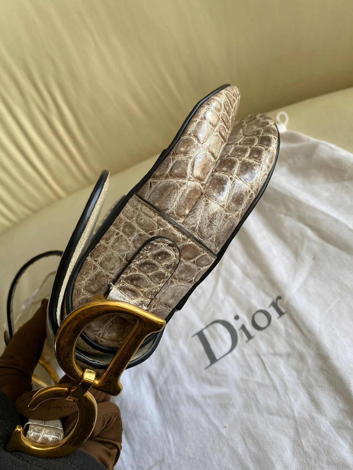 Pre-owned Certified Dior Saddle Bag in Natural Alligator Himalayan with Golden Hardware, 2019, w/ dust bag, box