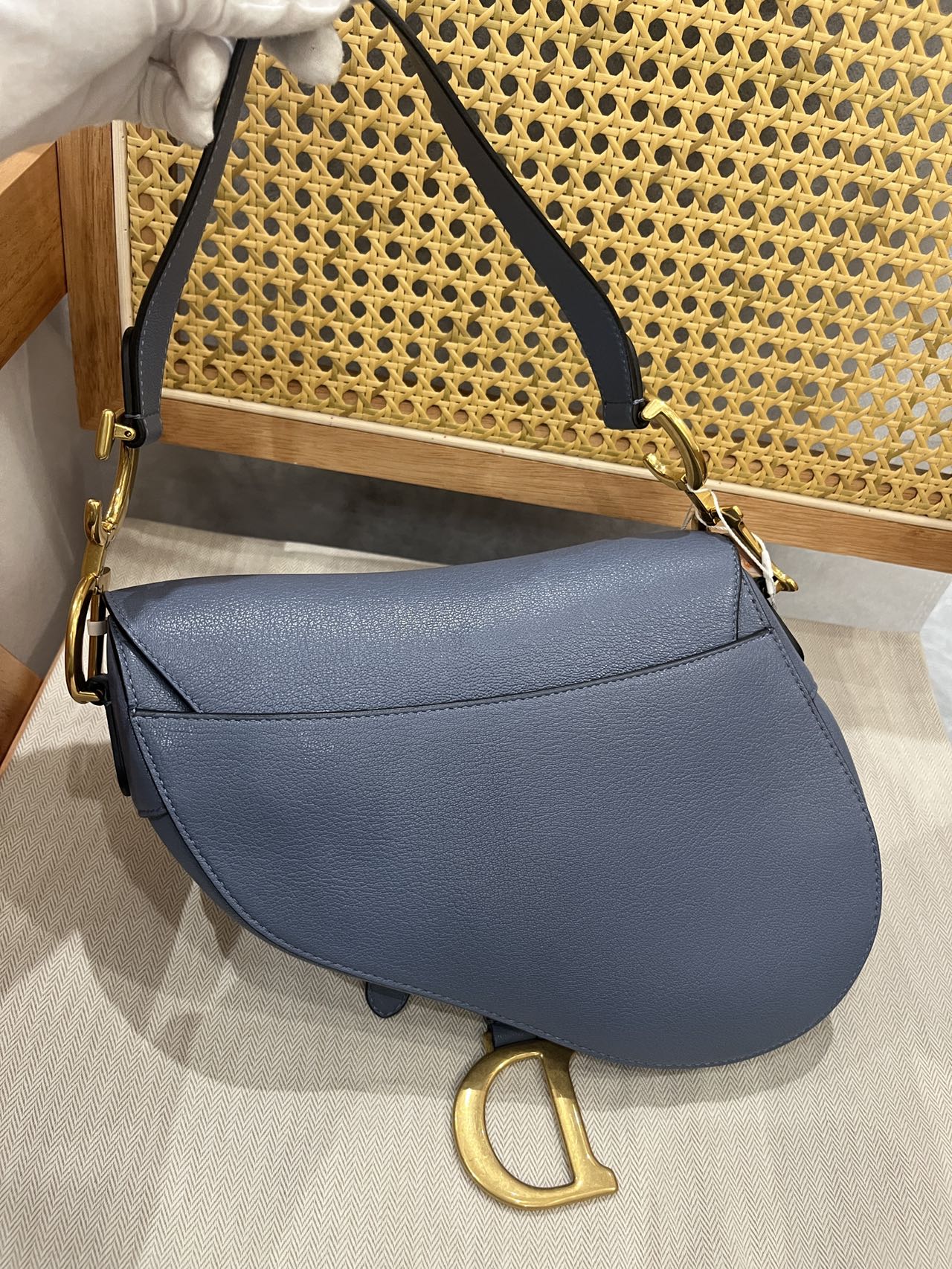 Pre-owned Certified Dior Saddle Medium in Blue Goatskin with Golden Hardware, 2020, w/ dust bag, Dior canvas strap