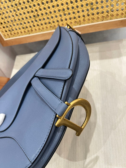 Pre-owned Certified Dior Saddle Medium in Blue Goatskin with Golden Hardware, 2020, w/ dust bag, Dior canvas strap