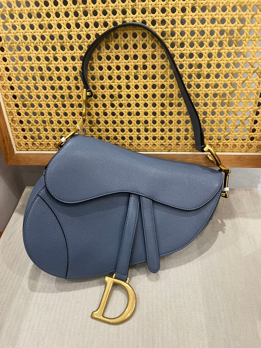 Pre-owned Certified Dior Saddle Medium in Blue Goatskin with Golden Hardware, 2020, w/ dust bag, Dior canvas strap