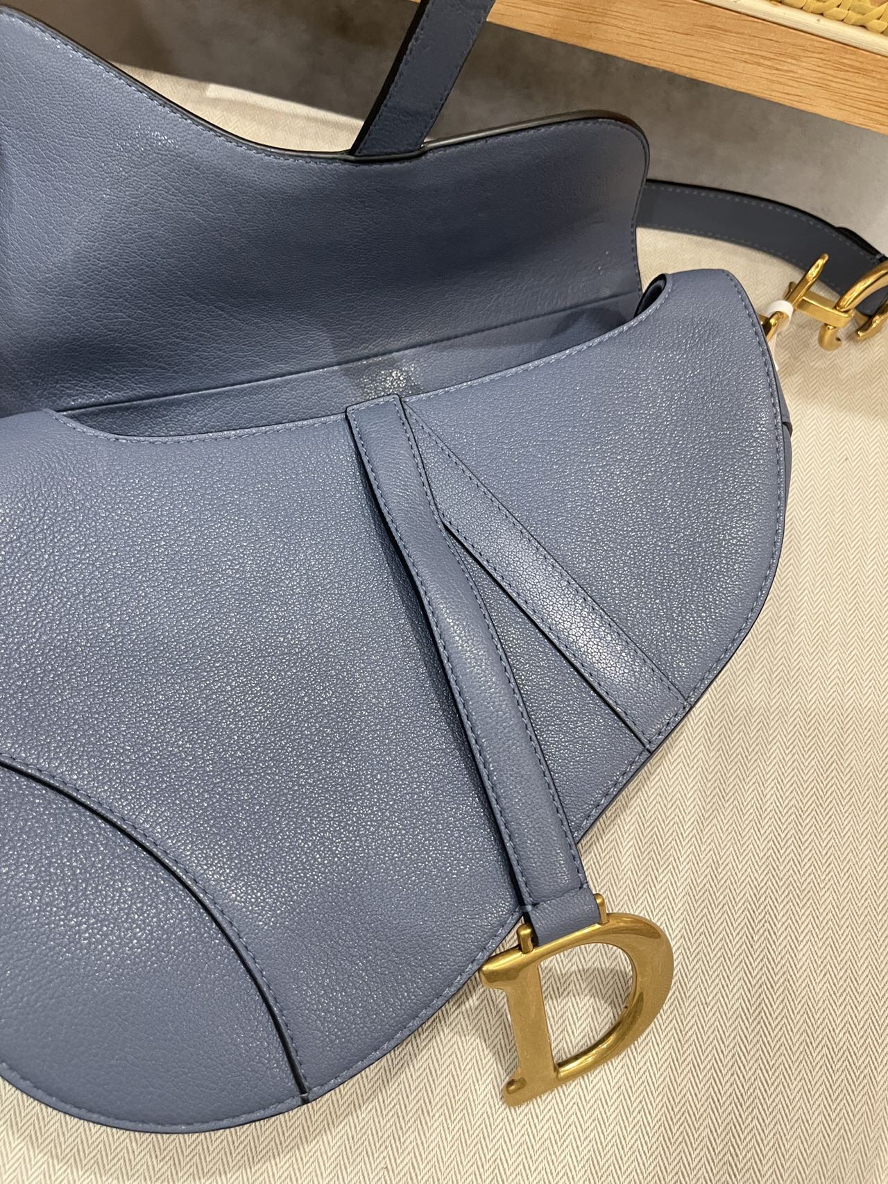 Pre-owned Certified Dior Saddle Medium in Blue Goatskin with Golden Hardware, 2020, w/ dust bag, Dior canvas strap