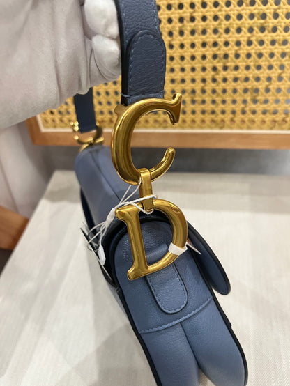 Pre-owned Certified Dior Saddle Medium in Blue Goatskin with Golden Hardware, 2020, w/ dust bag, Dior canvas strap