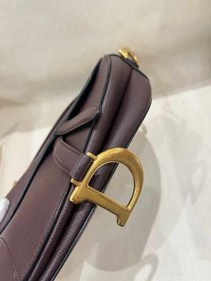 Pre-owned Certified Dior Saddle in Burgundy Brown Grained Calfskin with Golden Hardware, 2018, w/ dust bag, Dior canvas strap