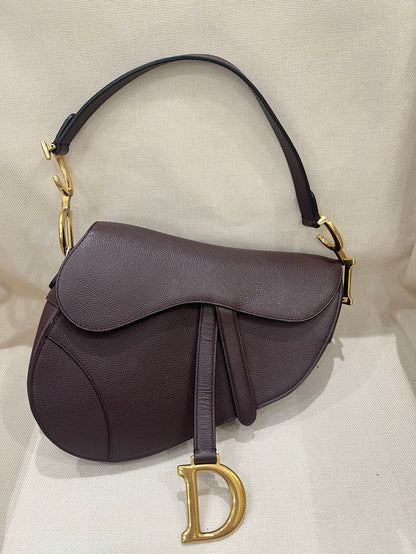 Pre-owned Certified Dior Saddle in Burgundy Brown Grained Calfskin with Golden Hardware, 2018, w/ dust bag, Dior canvas strap