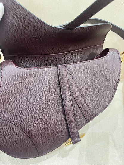 Pre-owned Certified Dior Saddle in Burgundy Brown Grained Calfskin with Golden Hardware, 2018, w/ dust bag, Dior canvas strap