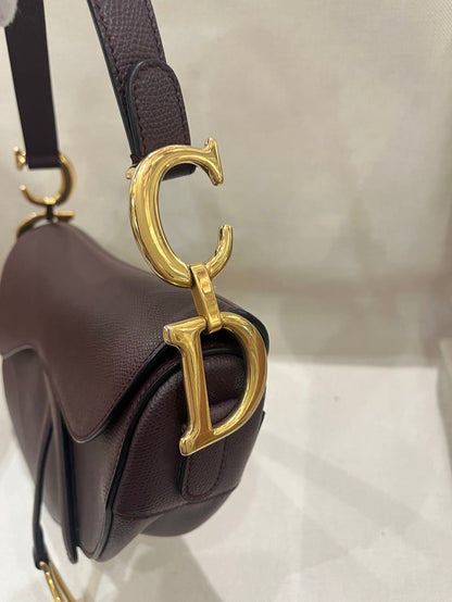 Pre-owned Certified Dior Saddle in Burgundy Brown Grained Calfskin with Golden Hardware, 2018, w/ dust bag, Dior canvas strap