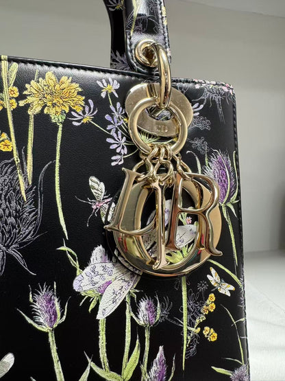 Pre-owned Certified Dior Small Lady Dior Black Calfskin with Painted Floral Pattern with Light Golden Hardware, 2024, w/ full set