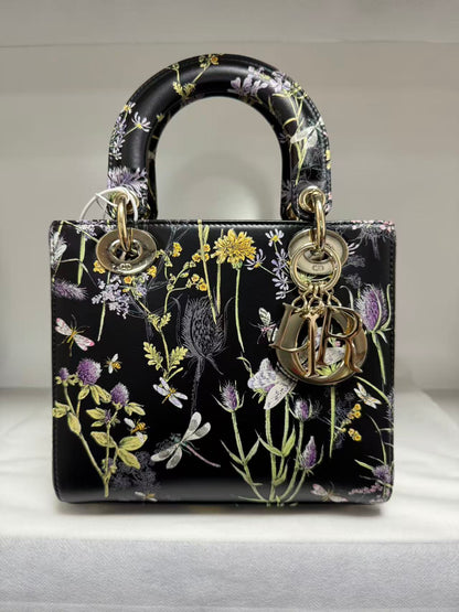 Pre-owned Certified Dior Small Lady Dior Black Calfskin with Painted Floral Pattern with Light Golden Hardware, 2024, w/ full set
