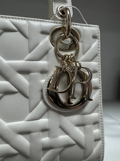 Pre-owned Certified Dior Small Lady Dior Cream White Lambskin Cannage with Light Golden Hardware, 2024, w/ full set
