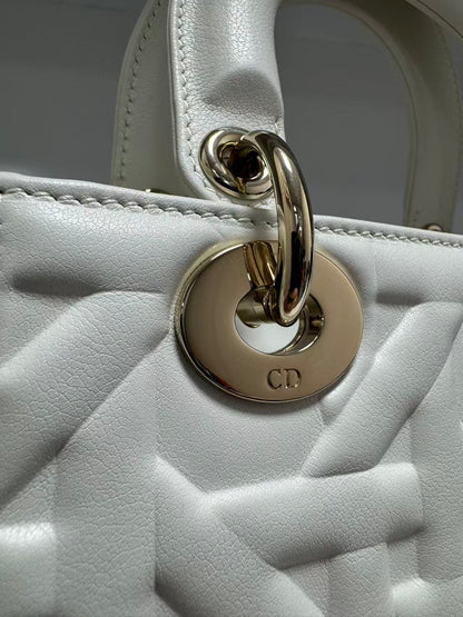 Pre-owned Certified Dior Small Lady Dior Cream White Lambskin Cannage with Light Golden Hardware, 2024, w/ full set