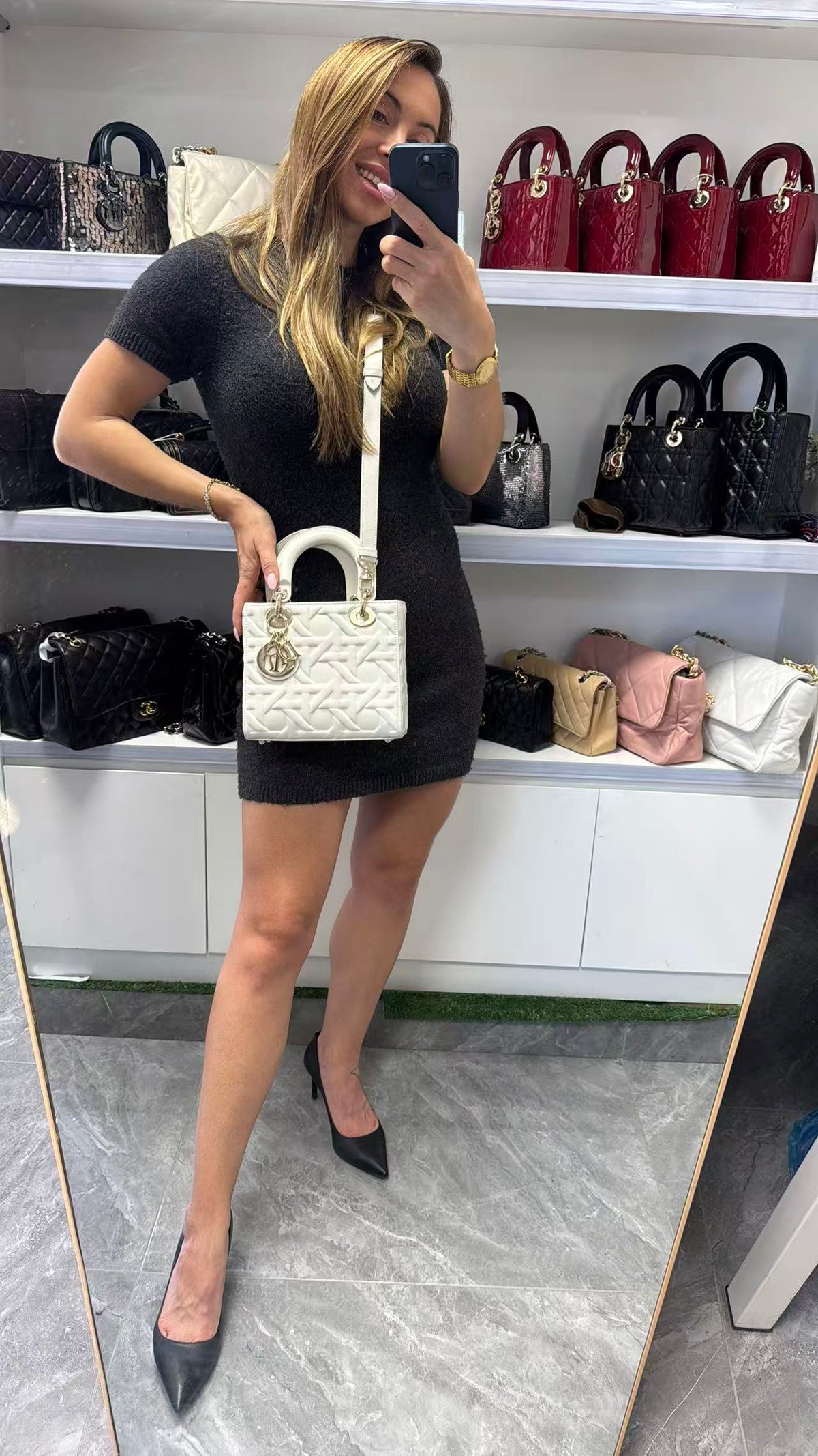 Pre-owned Certified Dior Small Lady Dior Cream White Lambskin Cannage with Light Golden Hardware, 2024, w/ full set