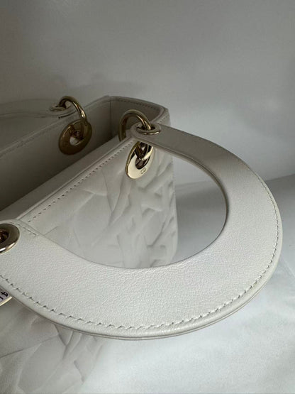 Pre-owned Certified Dior Small Lady Dior Cream White Lambskin Cannage with Light Golden Hardware, 2024, w/ full set