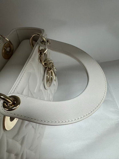 Pre-owned Certified Dior Small Lady Dior Cream White Lambskin Cannage with Light Golden Hardware, 2024, w/ full set