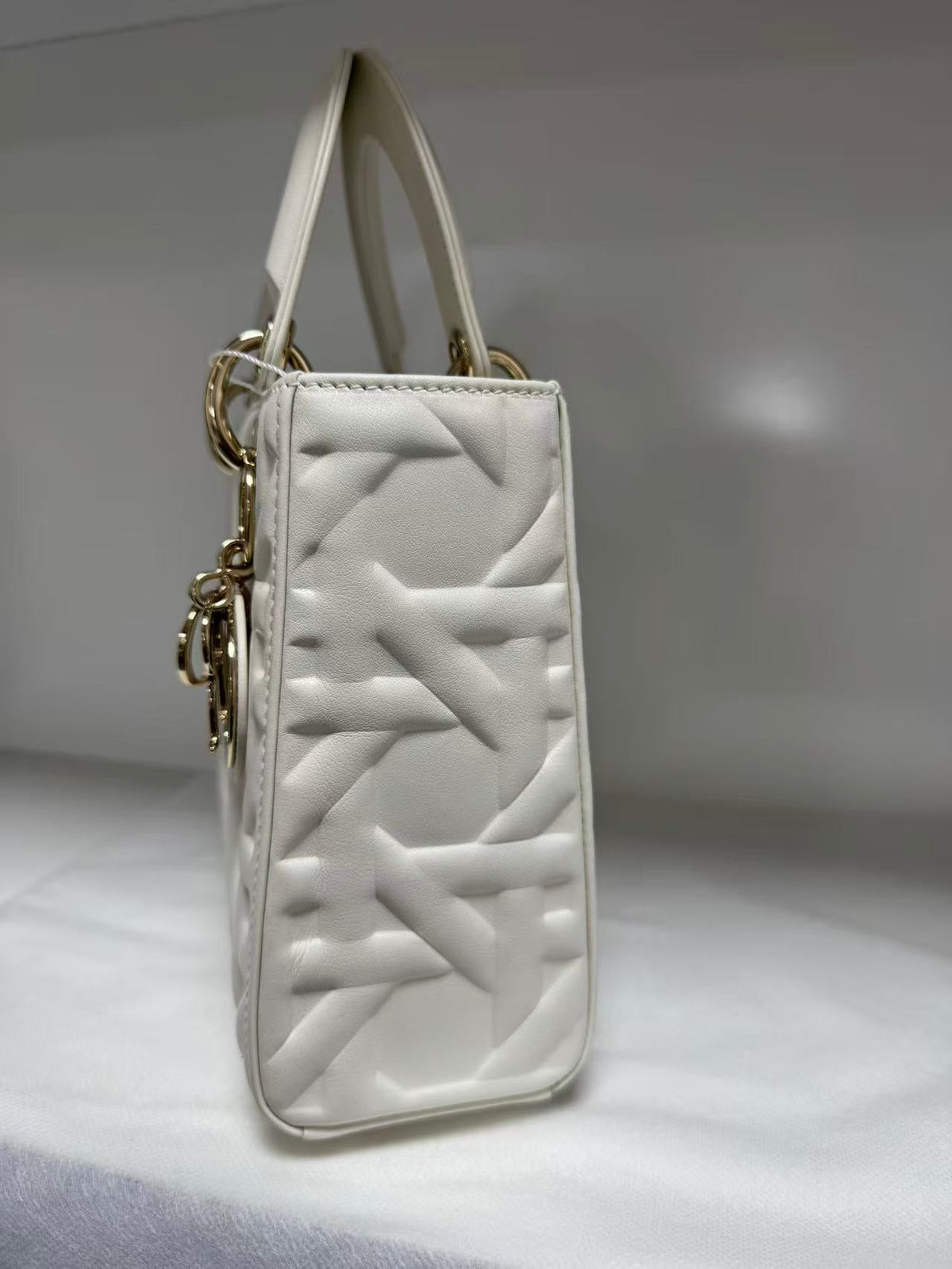 Pre-owned Certified Dior Small Lady Dior Cream White Lambskin Cannage with Light Golden Hardware, 2024, w/ full set