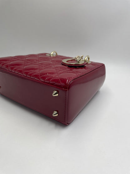 Pre-owned Certified Dior Small Lady Dior in Dark Cherry Red Patent Leather with Light Golden Hardware, 2020, w/ full set