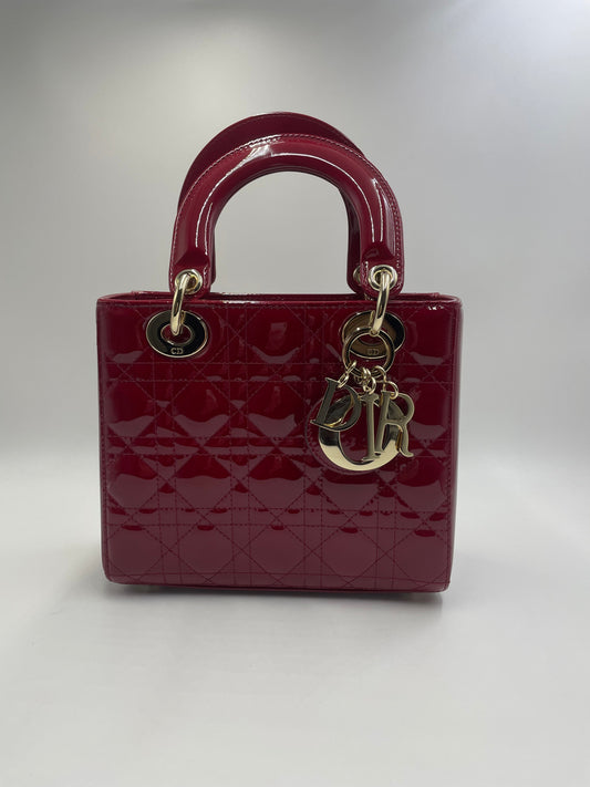 Pre-owned Certified Dior Small Lady Dior in Dark Cherry Red Patent Leather with Light Golden Hardware, 2020, w/ full set