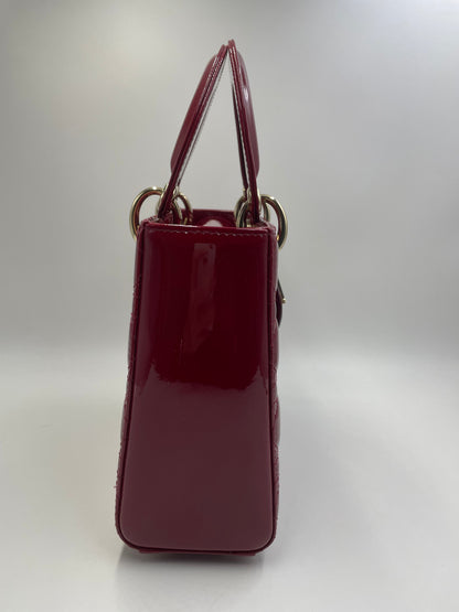 Pre-owned Certified Dior Small Lady Dior in Dark Cherry Red Patent Leather with Light Golden Hardware, 2020, w/ full set