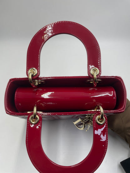 Pre-owned Certified Dior Small Lady Dior in Dark Cherry Red Patent Leather with Light Golden Hardware, 2020, w/ full set