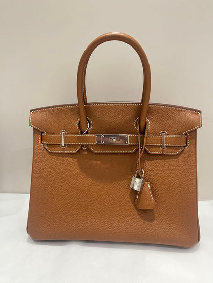Pre-owned Certified Hermes Birkin 30 Golden Brown Togo Leather with Palladium Hardware, 2018 (C), w/ Full set