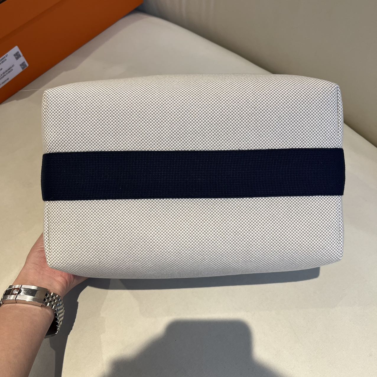 Pre-owned Certified Hermes Bride a Brac Cabriole Pouch GM Canvas with Little Horse Embroidery, Navy Blue Strap, Not Used