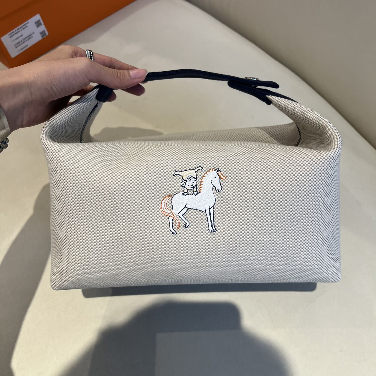 Pre-owned Certified Hermes Bride a Brac Cabriole Pouch GM Canvas with Little Horse Embroidery, Navy Blue Strap, Not Used