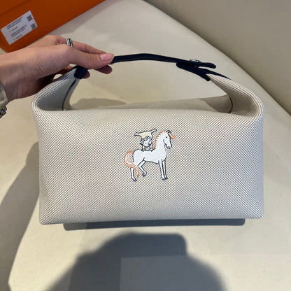Pre-owned Certified Hermes Bride a Brac Cabriole Pouch GM Canvas with Little Horse Embroidery, Navy Blue Strap, Not Used
