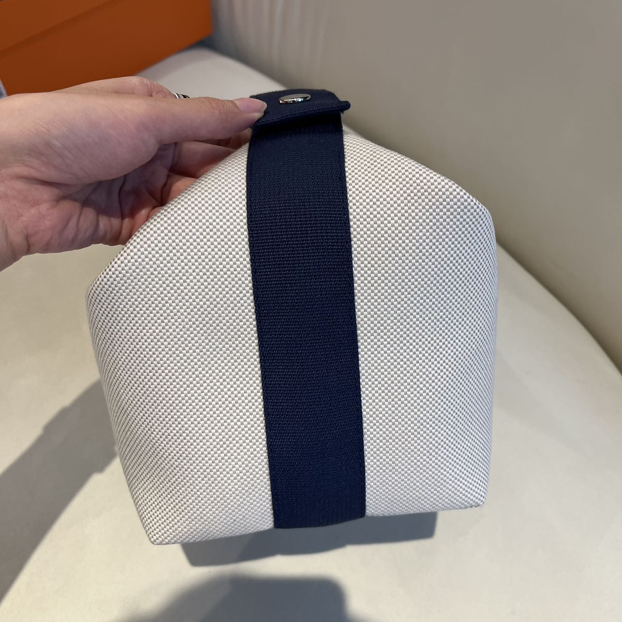 Pre-owned Certified Hermes Bride a Brac Cabriole Pouch GM Canvas with Little Horse Embroidery, Navy Blue Strap, Not Used