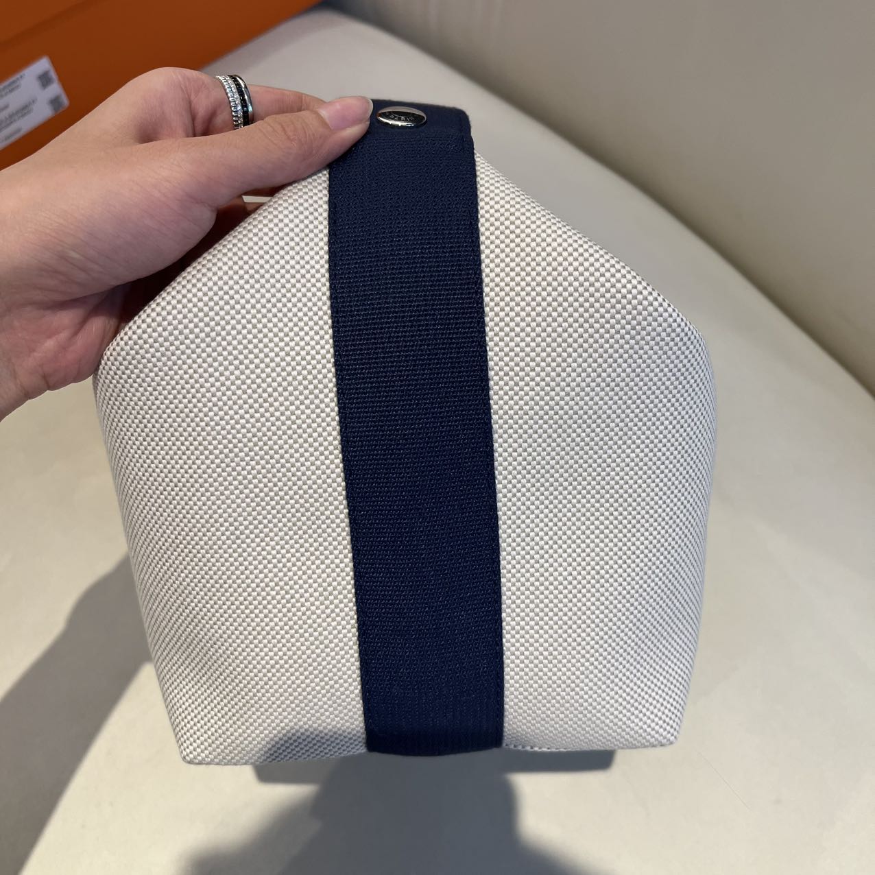 Pre-owned Certified Hermes Bride a Brac Cabriole Pouch GM Canvas with Little Horse Embroidery, Navy Blue Strap, Not Used