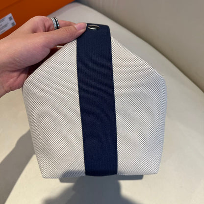 Pre-owned Certified Hermes Bride a Brac Cabriole Pouch GM Canvas with Little Horse Embroidery, Navy Blue Strap, Not Used