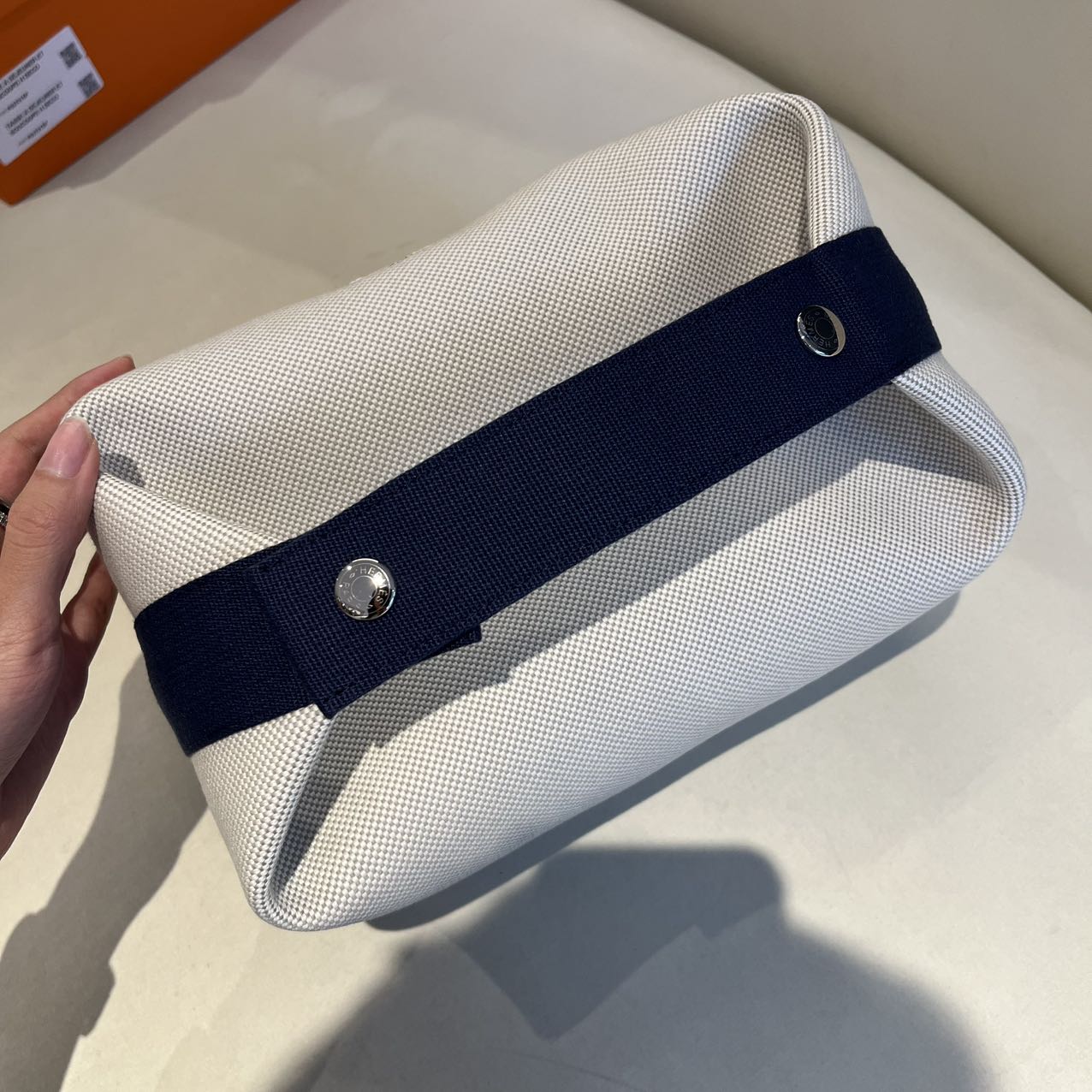 Pre-owned Certified Hermes Bride a Brac Cabriole Pouch GM Canvas with Little Horse Embroidery, Navy Blue Strap, Not Used