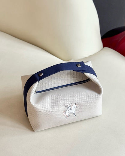 Pre-owned Certified Hermes Bride a Brac Cabriole Pouch GM Canvas with Little Horse Embroidery, Navy Blue Strap, Not Used