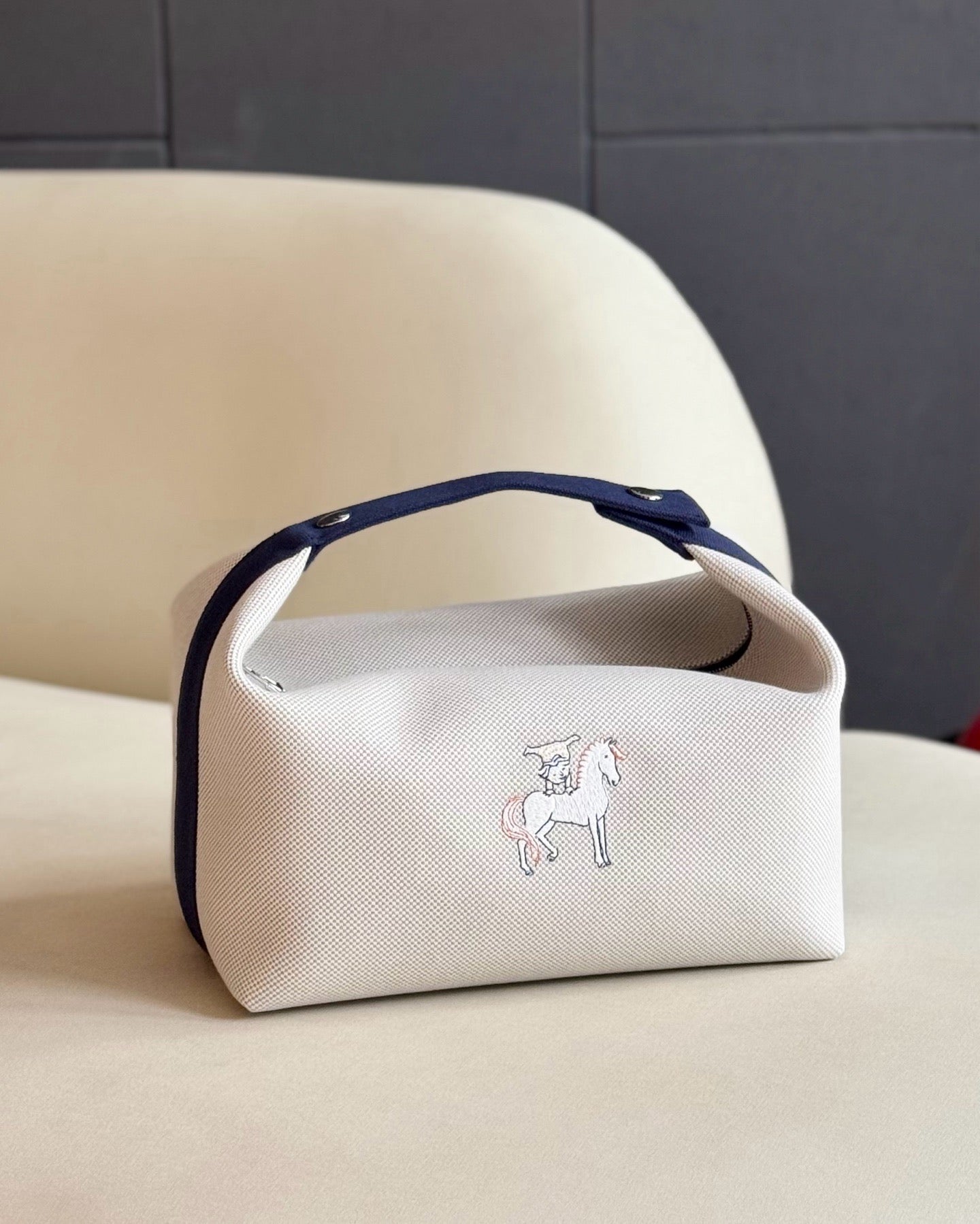 Pre-owned Certified Hermes Bride a Brac Cabriole Pouch GM Canvas with Little Horse Embroidery, Navy Blue Strap, Not Used