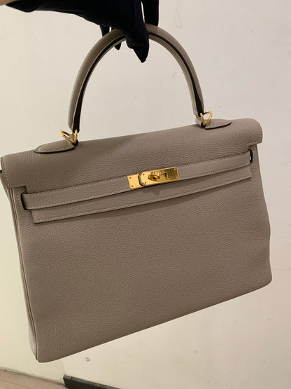 Pre-owned Certified Hermes Kelly 35 Retourne 81 Gris Tourterelle Togo with Golden Hardware, 2015 (T), w/ dust bag, lock&key, strap