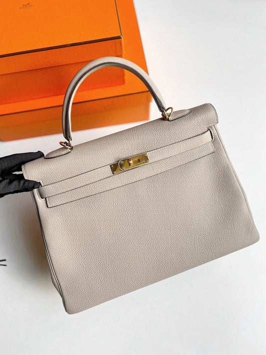 Pre-owned Certified Hermes Kelly 35 Retourne 81 Gris Tourterelle Togo with Golden Hardware, 2015 (T), w/ dust bag, lock&key, strap