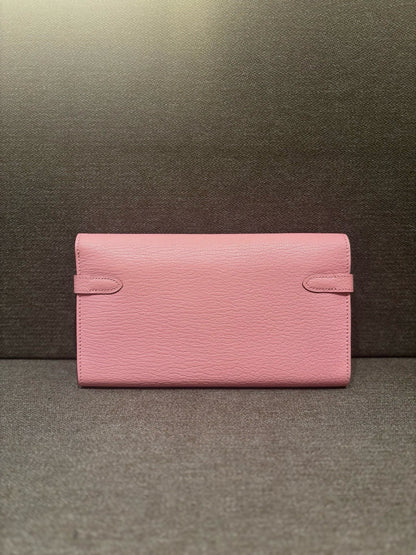 Pre-owned Certified Hermes Kelly Long Wallet Pink Chevre Silver Hardware, 2014