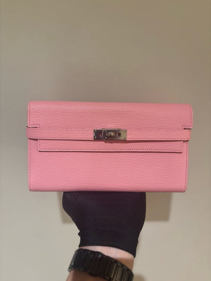Pre-owned Certified Hermes Kelly Long Wallet Pink Chevre Silver Hardware, 2014