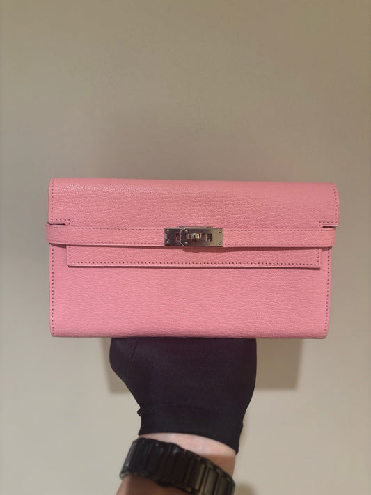 Pre-owned Certified Hermes Kelly Long Wallet Pink Chevre Silver Hardware, 2014