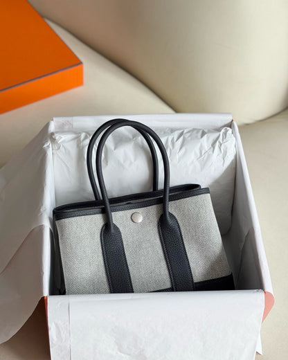 Pre-owned Certified Hermes Mini Garden Party 23 Canvas with Leather 85 Ardoise Grey, 2025 (K), Not Used, Full Set - Box, Dust Bag