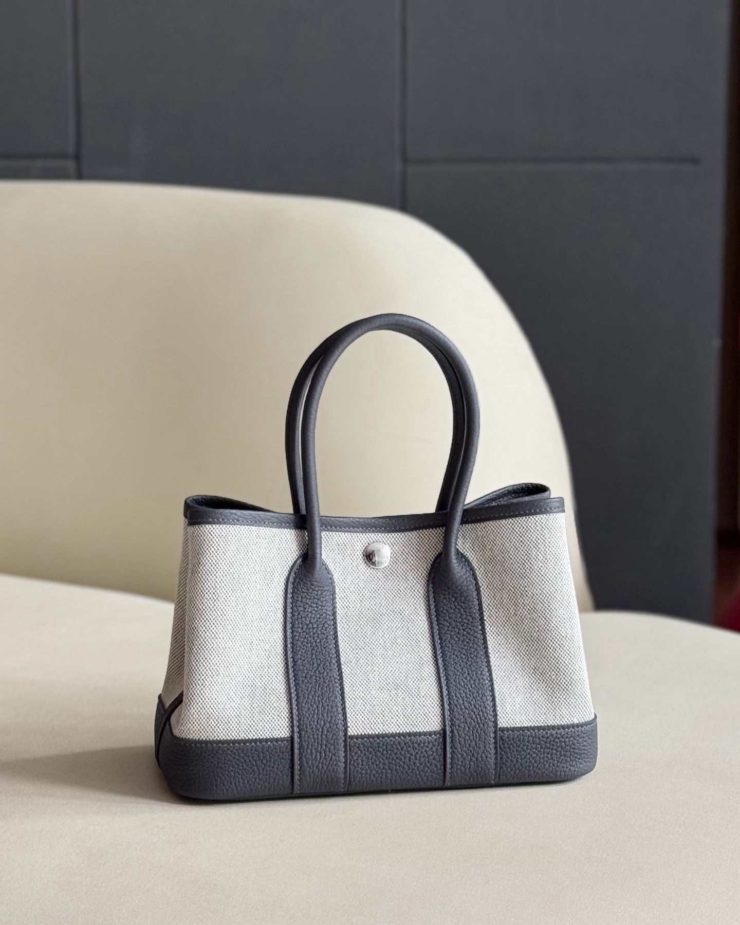 Pre-owned Certified Hermes Mini Garden Party 23 Canvas with Leather 85 Ardoise Grey, 2025 (K), Not Used, Full Set - Box, Dust Bag