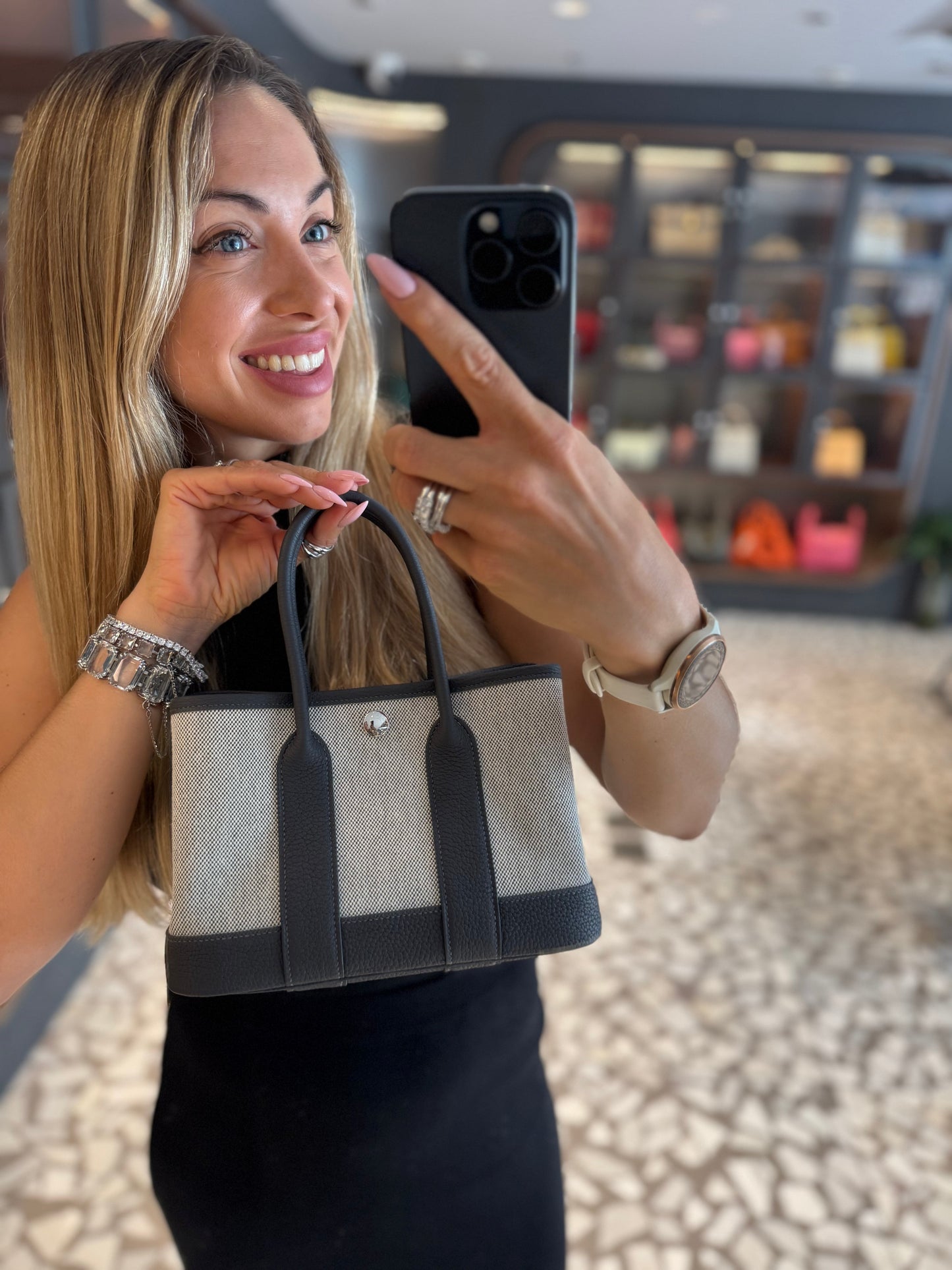 Pre-owned Certified Hermes Mini Garden Party 23 Canvas with Leather 85 Ardoise Grey, 2025 (K), Not Used, Full Set - Box, Dust Bag