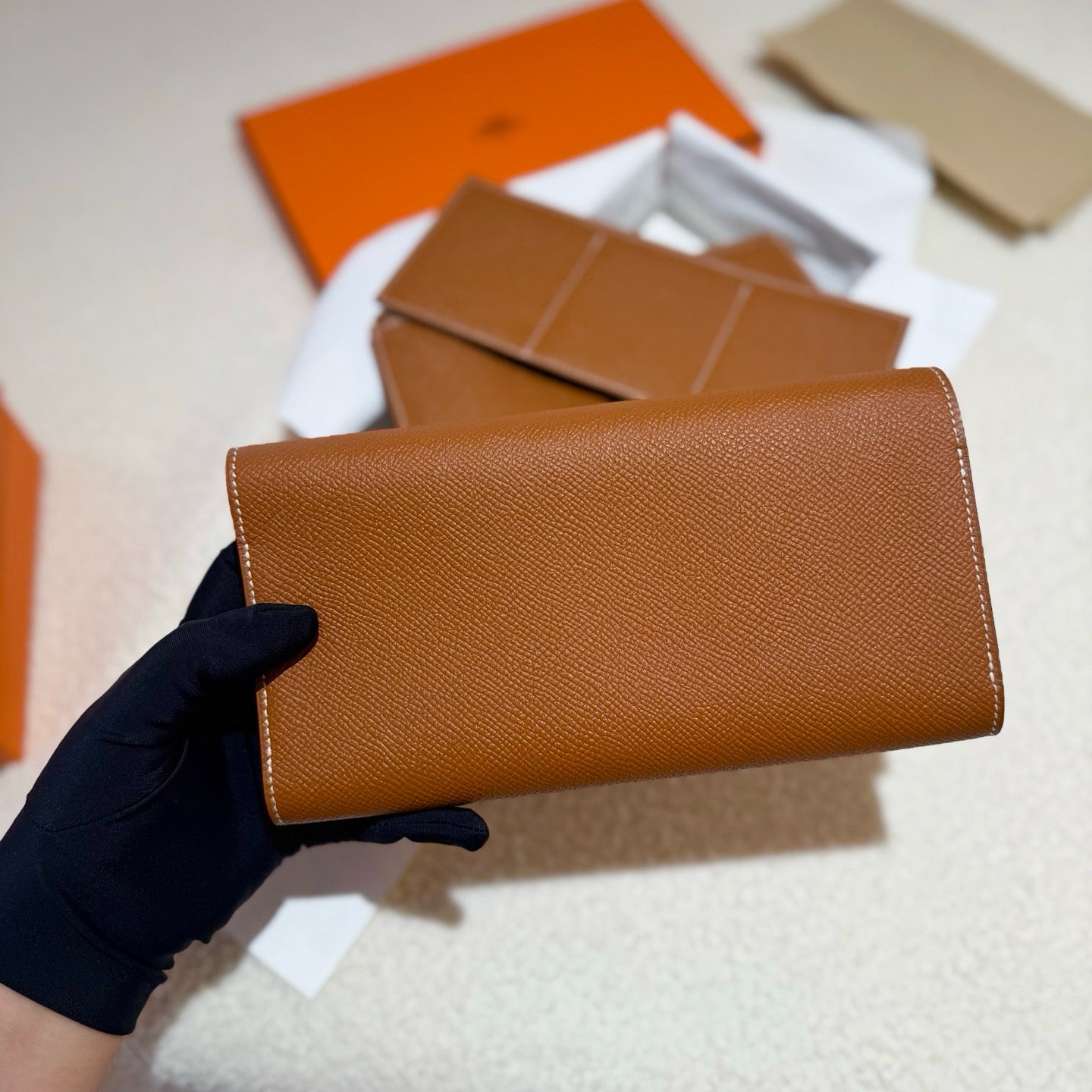 Pre-owned Certified Hermes Passant Wallet 3in1 Golden Brown Epsom, 2018, w/ box, felt protector