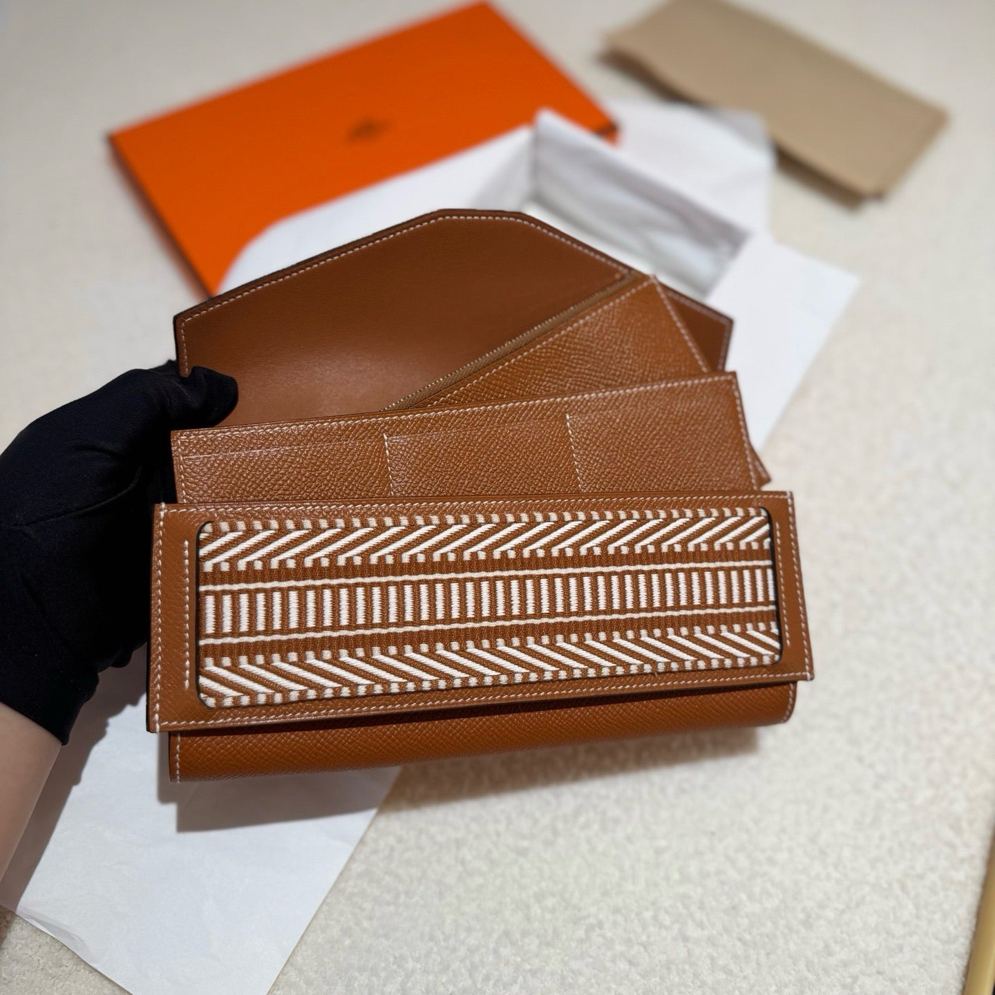 Pre-owned Certified Hermes Passant Wallet 3in1 Golden Brown Epsom, 2018, w/ box, felt protector