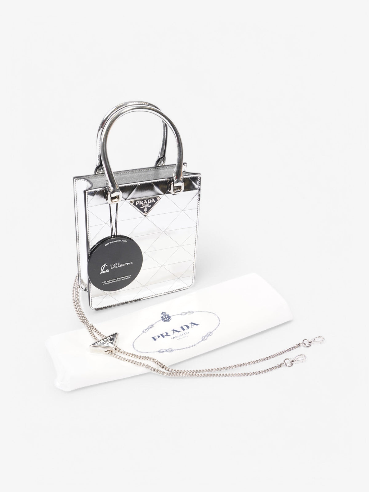 Prada Convertible Open Chain Tote Triangle Silver Leather Small