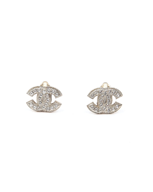 Chanel CC Interlocking Silver Tone Crystal Logo Earrings