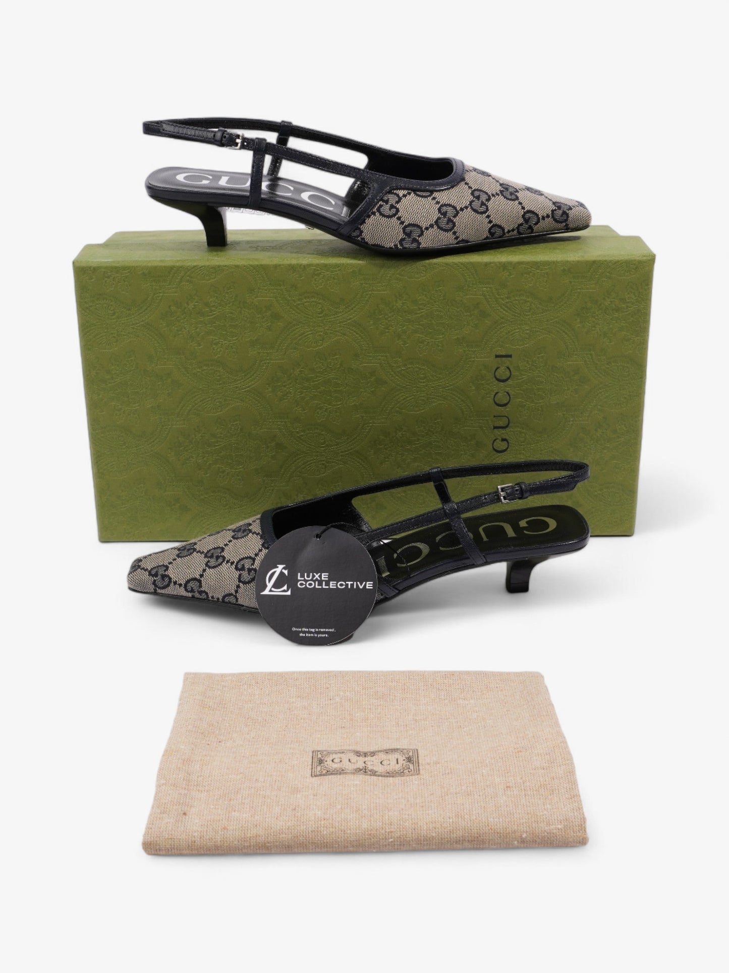 Gucci GG Slingback Pumps 35mm GG Supreme / Navy Blue Fabric EU 35 UK 2