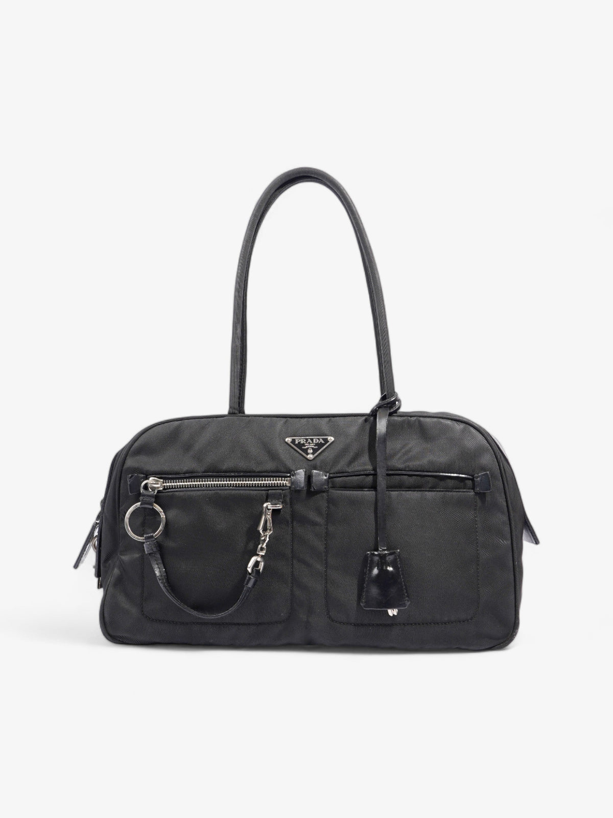 Prada Triangle Logo Boston Front Pocket Black Nylon