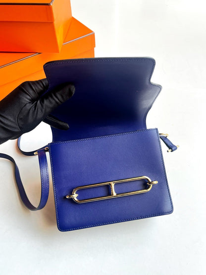 Pre-owned Hermes Roulis Mini M3 Ink Blue Swift Leather Golden Hardware, 2019