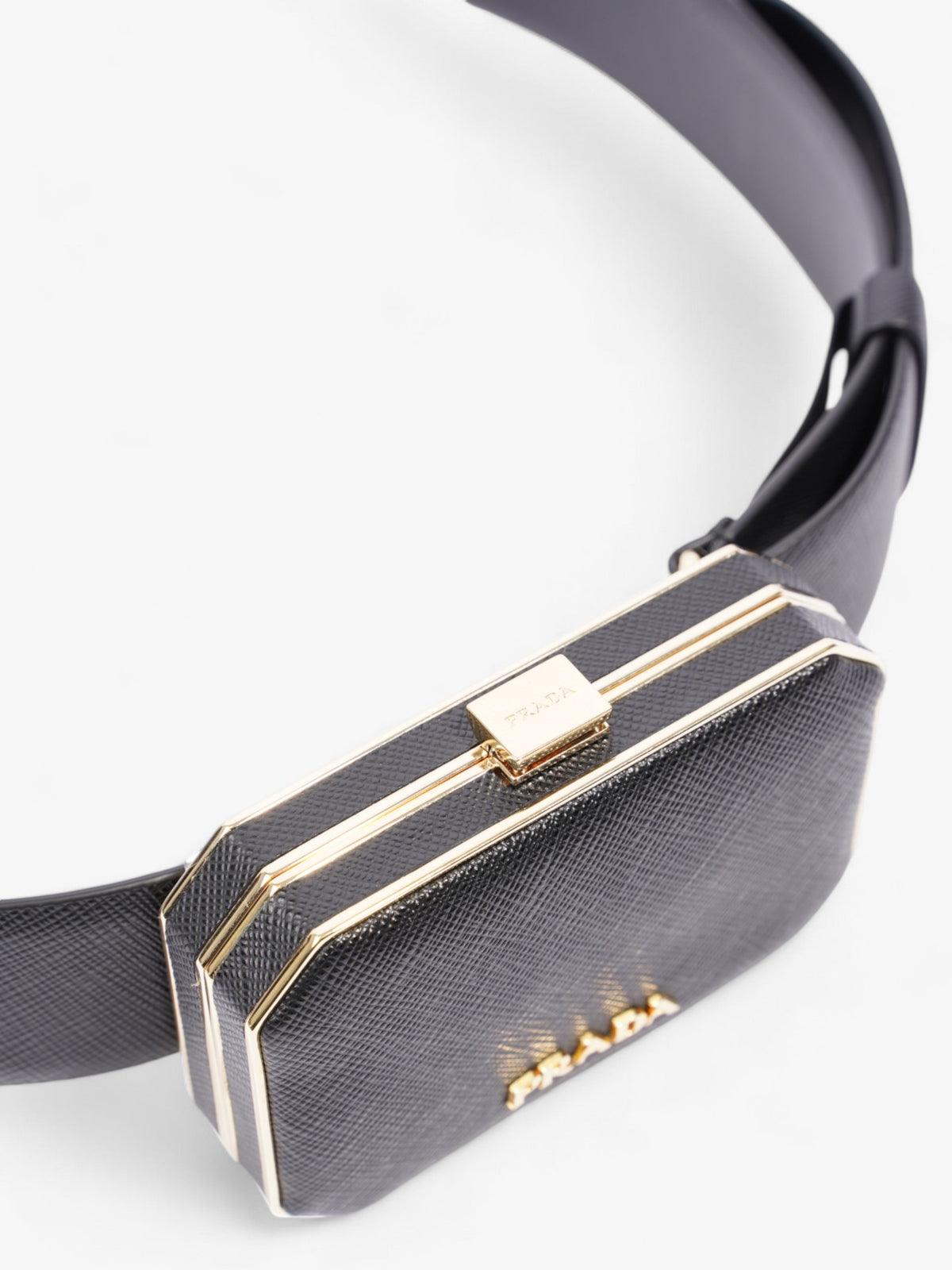 Prada Octagon Logo Belt with Bag Black / Gold Saffiano Leather 80cm / 32"