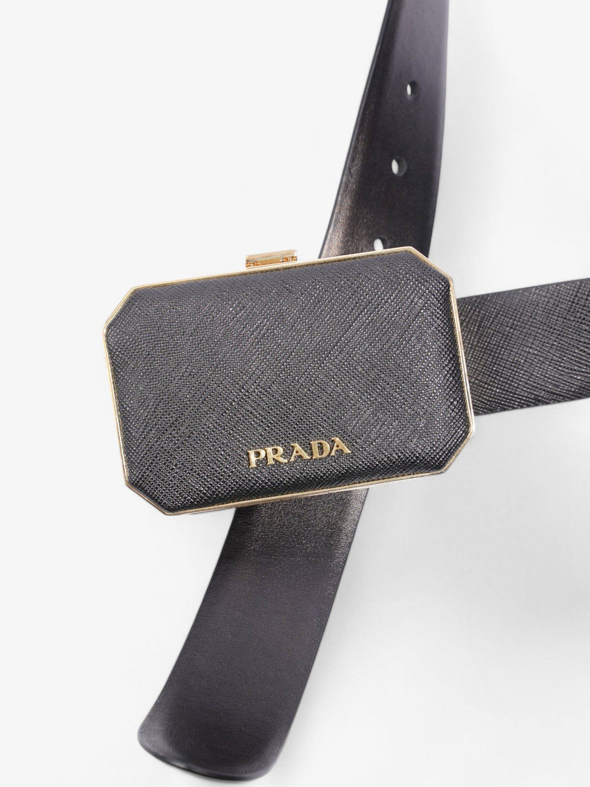 Prada Octagon Logo Belt with Bag Black / Gold Saffiano Leather 80cm / 32"
